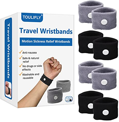 Viaje banda antináuseas de viaje para Cinetosis Náuseas Alivio de los dolores de cabeza Digitopresión sin fármaco Banda de muñeca 4 unidades