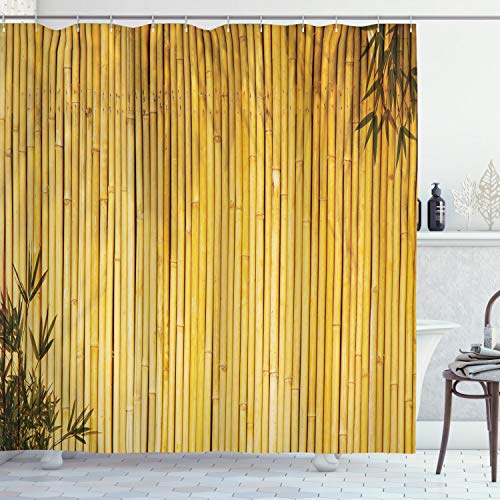 ABAKUHAUS Bambù Tenda da Doccia, Legno della natura Foglie Gambi, Tessuto Set di Decorazioni per il Bagno con Ganci, 175 x 200 cm, Giallo