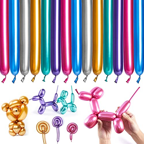 PartyWoo Metallic Twisting Balloons, 50 pcs Long 260Q Modelling in 6 Metallic Colors, Magic Animal Balloons for Children's Party, Carnivals, Jungle Party