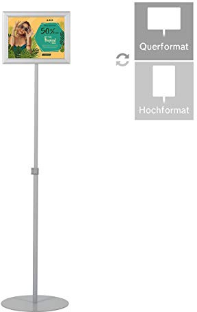 DISPLAY SALES Infoständer Teleskop doppelseitig DIN A4 silber höhenverstellbar aus Aluminium | Stahlfußplatte, Hoch- und Querformat Einsatz mit Einschubrahmen