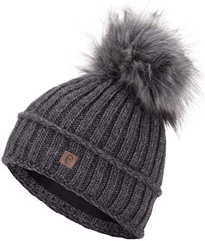 Faera Wintermütze Damen Mütze gefüttert mit Kunstfell Bommelmütze Mädchen Fleecefutter Winter Strickmütze Beanie Herren 34, Farbe:Grau