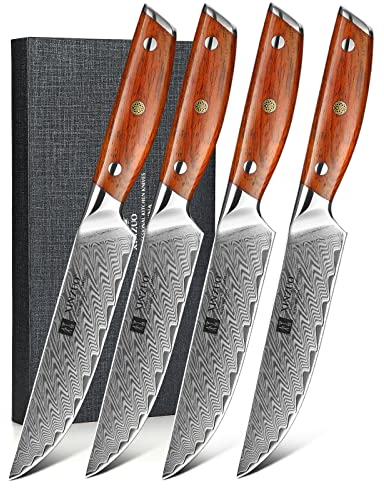 XINZUO Damaststahl 4-teilig Steakmesser Set,12.7cm Premium Besteckmesser Set Scharfe Steakbesteck Küchenmesser, Tafelmesser für Heim und Restaurant, mit Geschenkbox-Roseholz Griff-Yi Serie