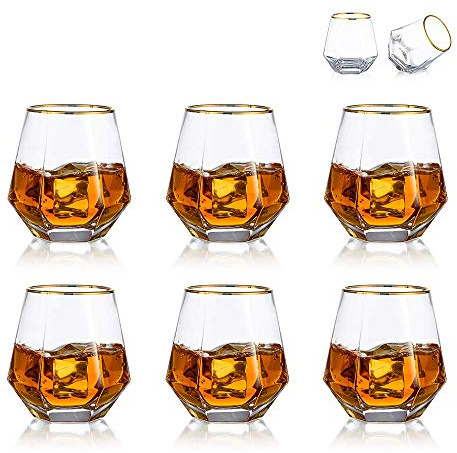 Glasseam 300 Ml Diamond Whisky Glasses: 6er-Set Gekipptes Whiskyglas | Bleifreies Goldrand Glas, Für Männer, Frauen, Papa, Ehemann, Freunde, Glaswaren Für Bourbon, Rum, Scotchglas, Bar Tumbler