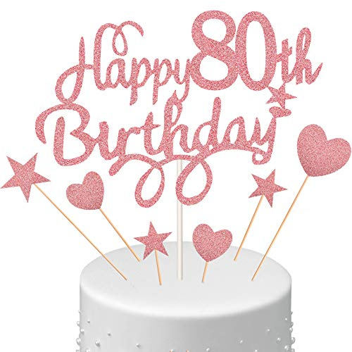 Boao 80. Geburtstagstorte Topper Set, Happy 80th Birthday Kuchen Topper mit Herz Stern Cupcake Kuchen Topper Picks Glitzer Kuchen Dekoration für Geburtstag Party Kuchen Zubehör, Roségold