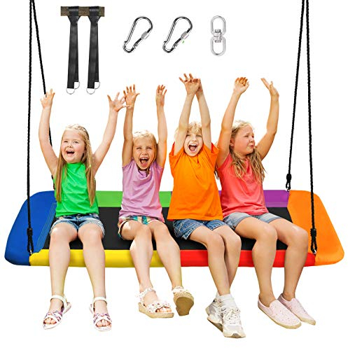 COSTWAY Nestschaukel eckig bis 150kg belastbar, 150 x 80 cm, Baumschaukel mit 100-180cm verstellbaren Seil, Mehrkindschaukel Kinderschaukel, Outdoor Gartenschaukel für Kinder & Erwachsene (Bunt)