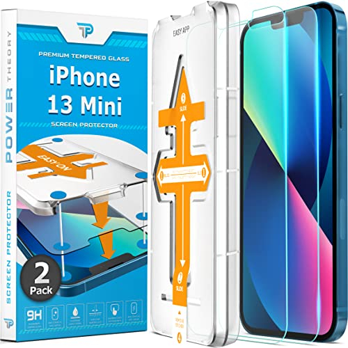 Power Theory Schutzglas für iPhone 13 Mini Schutzfolie, Displayschutz Glass mit Anbringhilfe, Displayschutzfolie, Glas Folie mit Schablone [2 Stück]