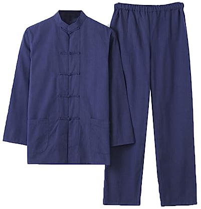 Chinois Traditionnel Tang Costume Kung Fu Uniforme - Chemise Manches Longues, Veste, Pantalon pour Hommes - Coton Pur Tai Chi Uniforme, Hanfu Wing Chun Ch Blue-S