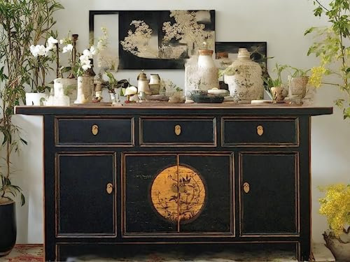 OPIUM OUTLET Chinesisches Sideboard schwarz asiatische Kommode Anrichte, orientalischer Hochzeitsschrank, Wohnzimmer-Schrank Vintage-Stil