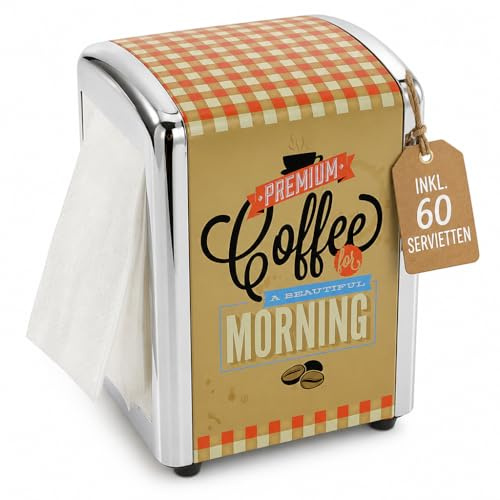 Serviettenspender Diner Serviettenhalter mit Retro-Logo, ca. 14,5 x 10,5 x 9,5 cm, inkl. 60 Servietten (Premium Coffee for a beautiful Morning)