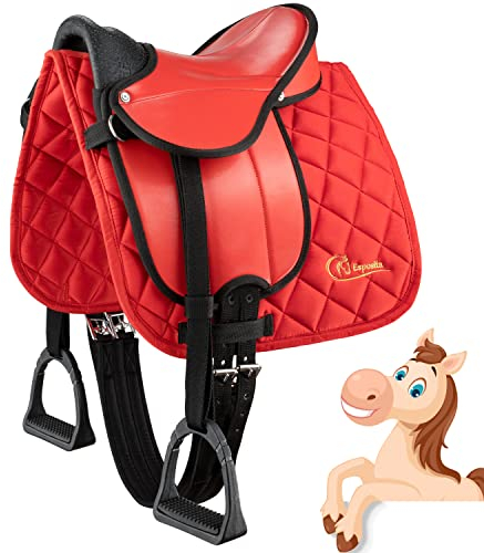 Esposita Shetty Sattel Set zum Reiten für Kinder, geeignet für Shettys, echte Ponys und Holzpferde oder Plüschpferde - Komplettset: Sattel, Satteldecke, Sattelgurt, Steigbügel, Riemen (Rot)