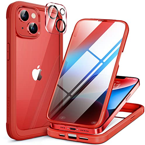 miracase Compatible with iPhone 14 Case 6.1 inch, [Built-in Glass Screen Protector + Camera Lens Protector] Full Body Rubber Bumper Clear Back Case Cover (Red) | [Built-in 9H Tempered Glass Screen Protector + Camera Lens Protector] Military Grade Drop Proof Shockproof Clear Back Cover