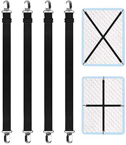 FLOTRUTE 4 Stück Verstellbare Betttuchspanner, Elastische Bettlakenspanner, Lakenspanner mit Metallclips, für Faltenfreie Bettlaken, Matratze, Bügelbrett Oder Sofa (Schwarz, 2M)