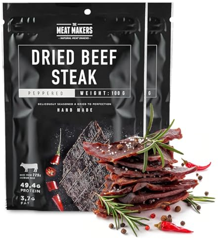 The Meat Makers Peppered Dried Beef Jerky Steak 200g - viande séchée de bœuf séché peppered steak séché de bœuf séché pour les personnes collation à la viande séchée