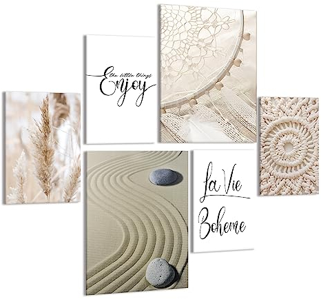 Boho Leinwandbilder Wand Art Set,Modern mit Rahmen Wohnzimmer bilder Deko, Aufhängbar Wandbilder Pampasgras Strand Kunstdruck Bilder für schlafzimmer.(B-Palmenblätter, 2*30x40cm+ 4* 20x30cm)