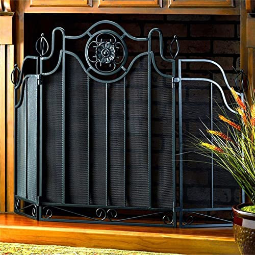 Protector contra chispas para Chimenea, Protector Negro Plegable de 3 Paneles, Protector contra chispas de Fuego Vintage para calefacción/Estufa de leña, Cerca para Fuego Abierta, Ancho 108cm
