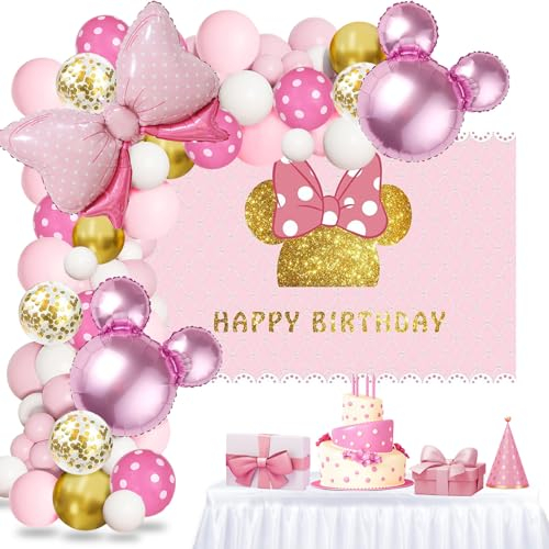 Kit de arco de guirnalda de globos con temática de ratón de dibujos animados rosa- oro rosa Decoración de cumpleaños para niñas Decoraciones de fiesta de Navidad