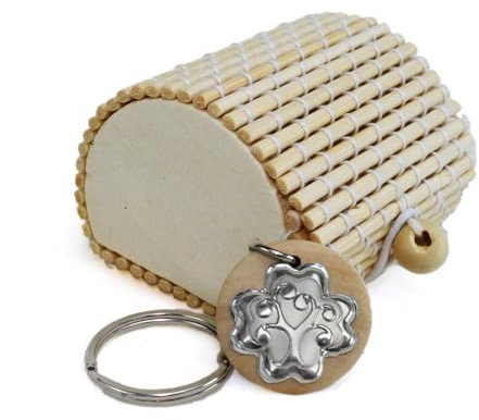 DLM 34775 (Kit 12 Pezzi) Portachiavi Ciondolo in Legno con Quadrifoglio Albero della Vita Scatola in bambù Confettata Segnaposto Argento bomboniera