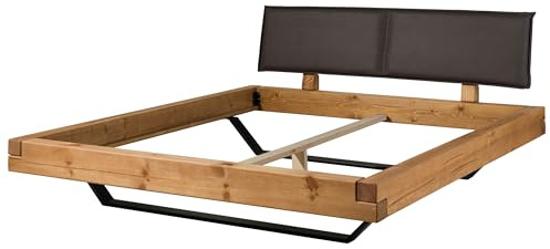 MASSIVMOEBEL24.DE | Fichtelberg Balkenbett aus Massivholz Fichte - Natur, gebeizt/geölt 200x200 Kopfteil gepolstert, schwebendes Design rustikales Doppelbett, Massivholz-Bett