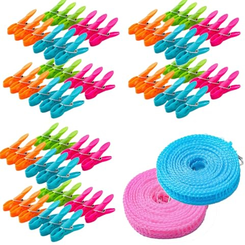 72Pcs Colorful Clothes pins, Springs Laundry ClothesPins, Plastic Air-Drying Sock Clips Closing Chip Snack Bags Clip - 2Pcs Clothes Line Outdoors 5m for Travel