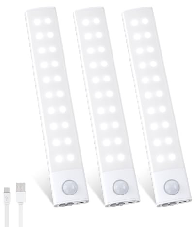 LED Unterbauleuchte Schrankbeleuchtung 2000 mAh, 40 LEDs Unterbauleuchte Küche mit Bewegungsmelder, USB-C Wiederaufladbar 3 Farbmodi Dimmbar, 20cm LED Lichtleiste für Schrank Badezimmer RV - 3 Stück