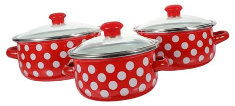PRETYZOOM Set Pentole Smaltate da Cucina 3 Pezzi con Pentola Piccola a Fondo Piatto, Colore Rosso con Pois Bianchi, Facile da Pulire e Adatto a Famiglie e Principianti