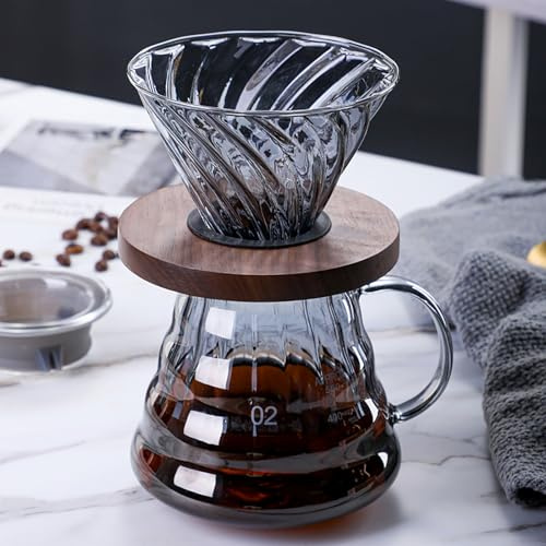 BeeCa Pour Over Coffee Maker, 20oz / 600mL Drip Coffee Maker set, Coffee Dripper with V60 Paper Filter, Walnut Handle & Glass Lid, Borosilicate Glass Carafe for Home office Café (Grey)