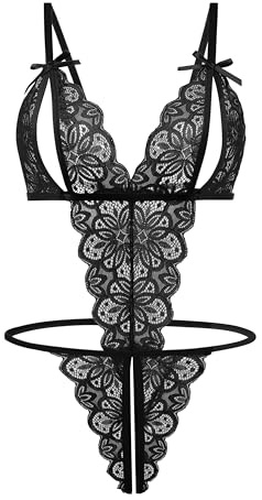 Avidlove Teddy Lingerie for Woman One Piece Lace Bodysuit Open Cup Teddy Outfit Crotchless Bodysuit(Black,L)