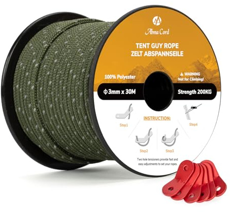 Abma Cord Campingrep 3mm 30M Tältspännlinor Reflekterande med 6St spännare | Camping, Tent, Markis, Gazebo