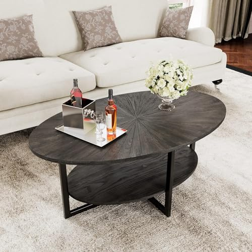 PADMA HOUSE Massivholz Ovaler Couchtisch mit Kreuzmetallbeinen, 110cm moderner Industral Center Tisch mit offenem Regal Cocktail Tee Tisch für Wohnzimmer Schlafzimmer (Rustikal Schwarz)
