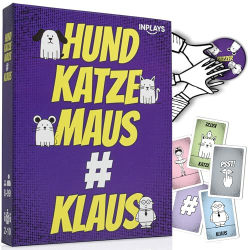 INPLAYS Hund Katze Maus Hashtag Klaus - erfindet Euer Wort des Tages und löst das Chaos aus, Kartenspiel, Partyspiel und Reaktionsspiel