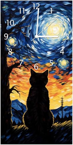 Wallario Design-Wanduhr Katze im Sternenlicht aus Glas, Motiv-Uhr Größe 30 x 60 cm, weiße Zeiger