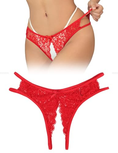 ohyeahlady Unterhosen Damen im Schritt Offen Spitze String Tanga Damen Sexy Dessous mit öffnung Ouvert Slip Offen Erotisch Unterwäsche Frauen Hipster Höschen Reizwäsche Rot,L