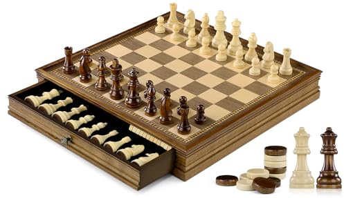 Peradix Scacchi Dame Game 2 in 1 - Scacchiera magnetica in legno di noce, 38 x 38 cm, con cassetto