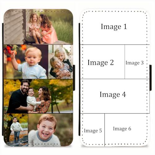 EKAM Personalised Case For iPhone 17, 16, 15, 14, Pro, Max, Plus 13, 12, 11, X, XS, XR, SE, 8, 7 - Custom Photo/Image Collage Layout Design on PU Leather Wallet Magnetic Flip Folio Cover (6 Images)