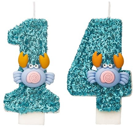 Velas de cangrejo número 14, velas azules de cumpleaños número 14 para pastel, hechas a mano con purpurina brillante, decoración para tarta de feliz cumpleaños, perfectas para fiestas temáticas de