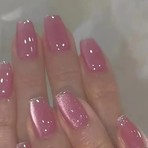 GlamRays 24 Stück Pink Katzenaugen Press on Nails Mittel-Koffein Falscher Nagel Glänzend Falscher Nagel Mit Glitzer-Design Voll Abdeckung Klebender Nagel