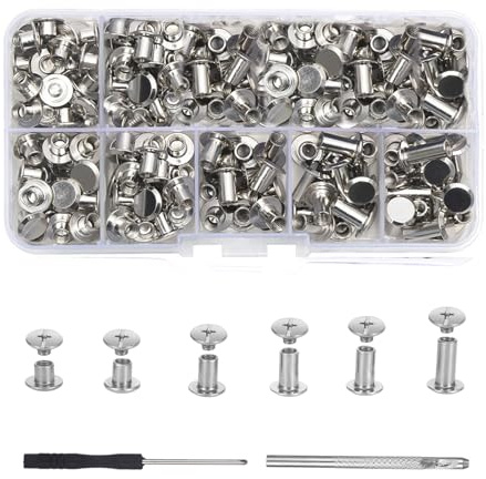 Juego de 110 remaches de rosca plateados para piel, M5 x 4/5/6/8/10/12 mm, tornillos para encuadernación de Chicago, juego de 6 tamaños con caja surtida, remaches para bolsas de piel, mochilas,