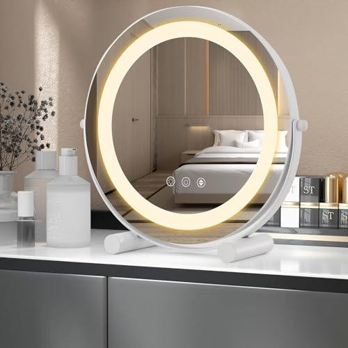 COSTWAY Hollywood Vanity Mirror with Lights, 3-Color Dimmable LED Lighted Round Tabletop Makeup Dressing Table Mirror with 360° Rotation, Smart Control Touch and Memory Function, 300mm Diam