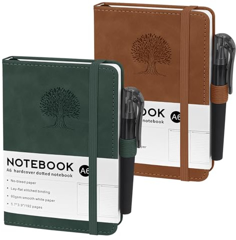ZWQLZG A6, 2 stycken anteckningsböcker A6, 80 GSM-papper 14,5 x 9,9 cm, 192 sidor anteckningsblock blankt med elastiskt band, fickor anteckningsböcker av PU-läder för skola, arbete och möten (brun och