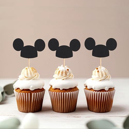 Mouse Cupcake Toppers（12Pcs）- Mouse Hat Birthday Party Decoration, Kids Party Cake Smash Photo Props, Mouse Gender Reveal Cake Decoration, Mini Mouse Theme Party Supplies
