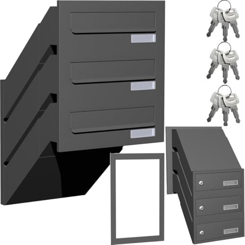 Set di 3 cassette postali a tripla parete, per casa multifamiliare o ufficio, sistema di cassette postali da incasso per 3 case familiari, 3 scomparti con targa, colore: grigio