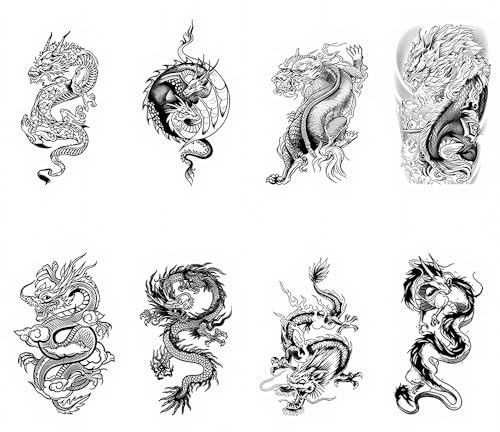 SSyang 8 Feuilles Tatouage Temporaire, Tatouage Ephemere Forme de Dragon, Faux Tatouages pour Adultes, Tatouages Preuve de l'eau Temporaires Autocollants Réalistes, pour Hommes et Femmes