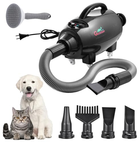 Asciugacapelli per cani, asciugacapelli professionale da 1200 W, velocità regolabile, con 4 ugelli e tubo flessibile, asciugacapelli per animali domestici molto silenzioso (nero)