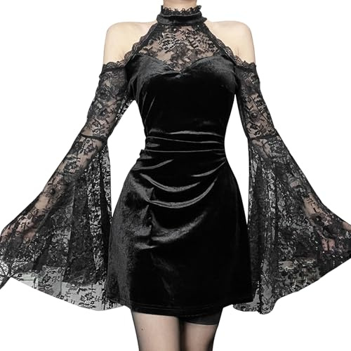 SEAUR Damen Gothic Kleid Kurz Sexy Bodycon Minikleid Retro Samtkleid Spitzenkleid Schnürkleid Cocktailkleid für Halloween Karneval Schwarz S