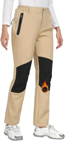 PASUDA Pantaloni Trekking Donna Termici Pantaloni Sci Invernali Impermeabili Felpati Pantaloni Foderati in Pile Softshell Elastico in Vita per Sportivi Neve Montagna Outdoor Lavoro (Kaki, XXL)