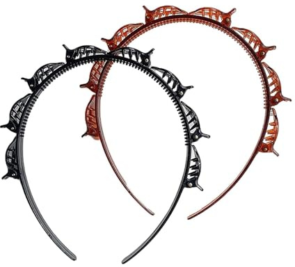 GOUDOGEDC Lot de 2 bandeaux à double frange noire et marron rougeâtre avec 8 petites pinces, double couche torsadée pour femme - Pour cheveux bouclés, dentés, tresses, accessoires pour cheveux