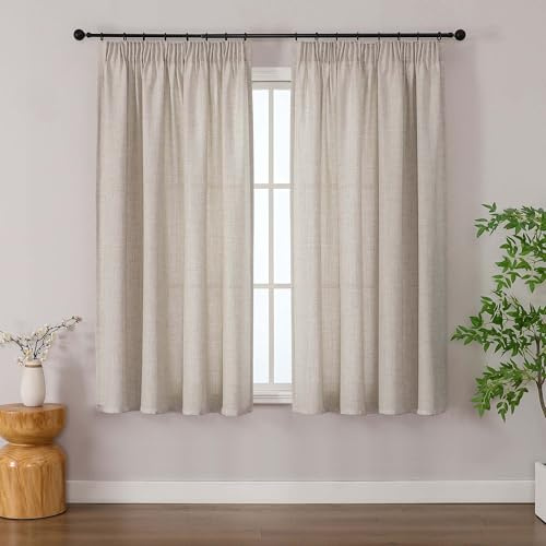 Simplebrand Leinen Boho Gardinen mit Kräuselband in Leinenoptik - Gardinen in Leinenoptik 2 Stücke, halbtransparent für Wohnzimmer, Küchen-Gardinenschals mit Kräuselband, 140 x 137 cm
