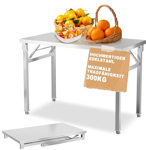 UISEBRT Edelstahl klapptisch mit 300 kg Tragkraft und justierbaren Stellfüßen, Klappbar Arbeitstisch Serviertisch Küchentisch für Gastronomie Küche Bar Restaurant, 100x60x85cm