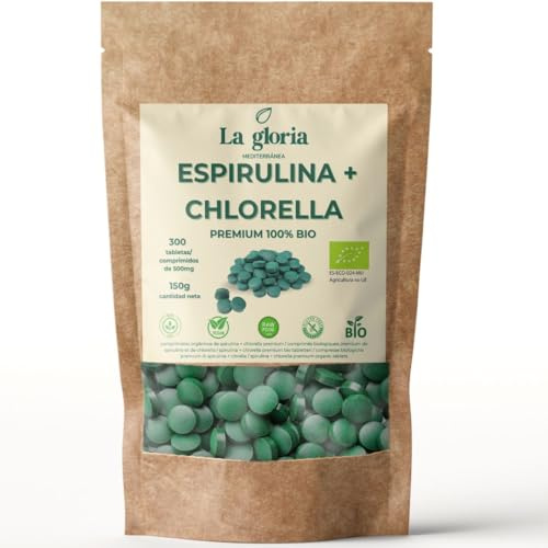 Espirulina y Chlorella Bio 300 Comprimidos – Microalgas Ecológicas Detox Naturales, Proteína Vegetal, Energía Natural, Vegano – La Gloria Mediterránea