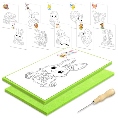 JSRQT Punteruolo per Bambini Pasqua, Kit Completo di Aghi per Bambini Carta, Coniglietto Uova Kit e Feltro, Punteruolo per Legno Tappetino Punteruoli, con 2 Base In Feltro 2 Aghi 10 Immagini da Ricamo